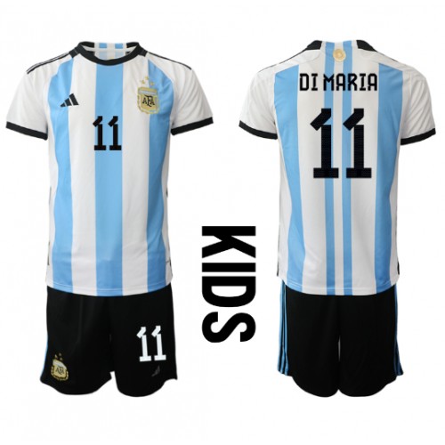 Otroški Nogometni dresi Argentina Angel Di Maria #11 Domači SP 2022 Kratek Rokav (+ Kratke hlače)